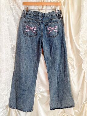 Y2K Coquette Denim Jeans with Pink Bow Embroidered Pockets